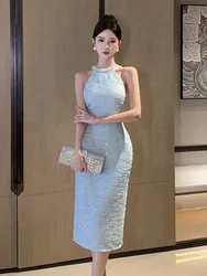 2025 New Summer Elegant Fashion Slim Fit Evening Dress For Women Hanging Neck Luxury Pearl Beading Small Fragrance Party Dress
