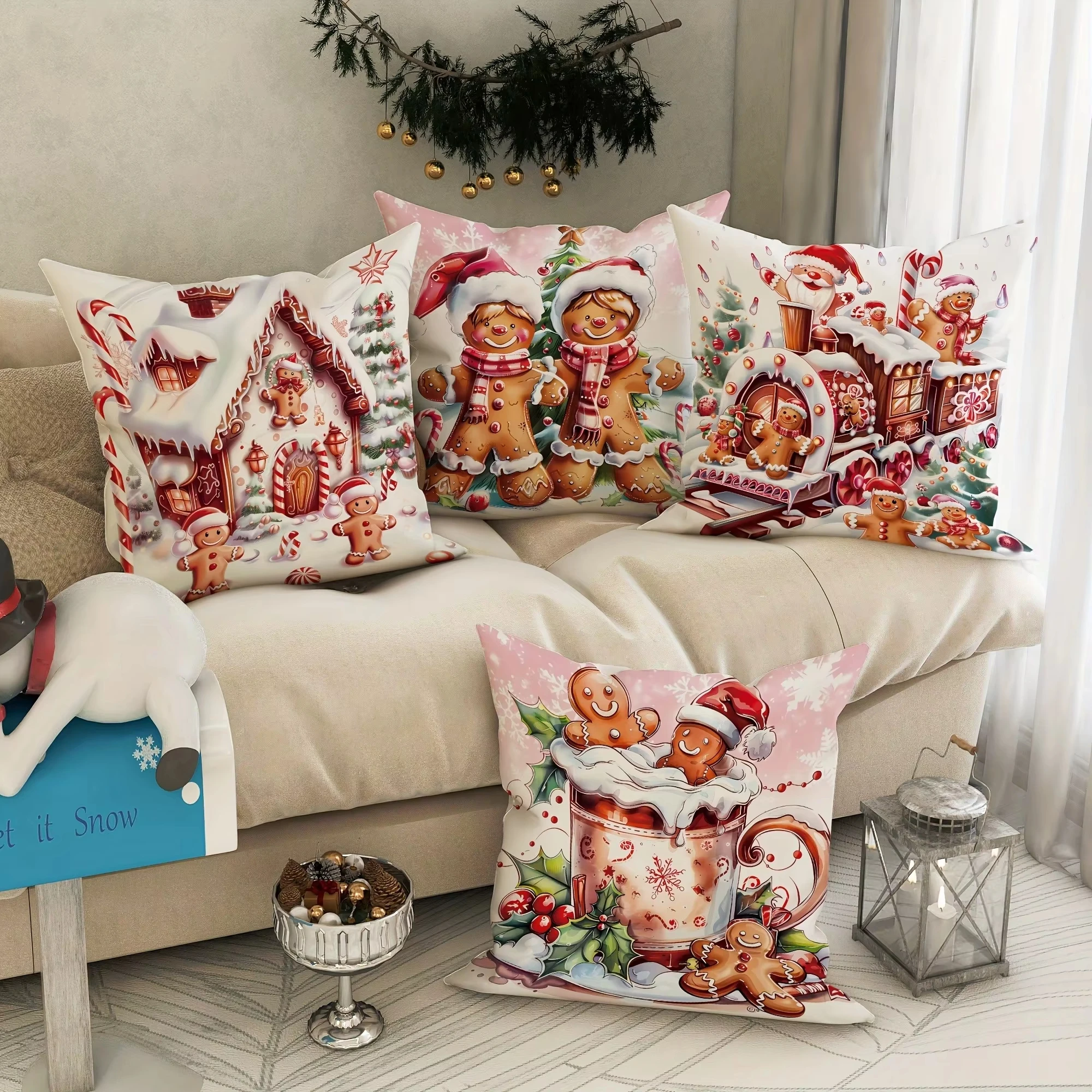 Christmas Gingerbread Man Pillow Case Cute Cookie Train House Print Soft Polyester Square Cushion Cover for Holiday Decor
