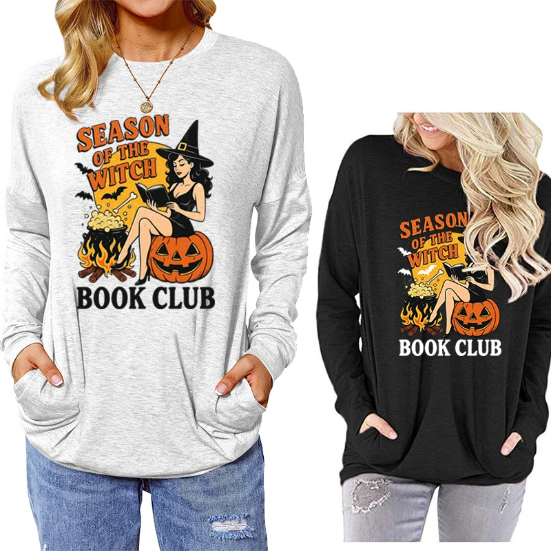 

Рубашка «Сезон ведьмы» Хэллоуин Футболка с длинными рукавами «Книжный клуб ведьмы» Жуткий сезон Классические топы Ретро подарок на Хэллоуин Одежда