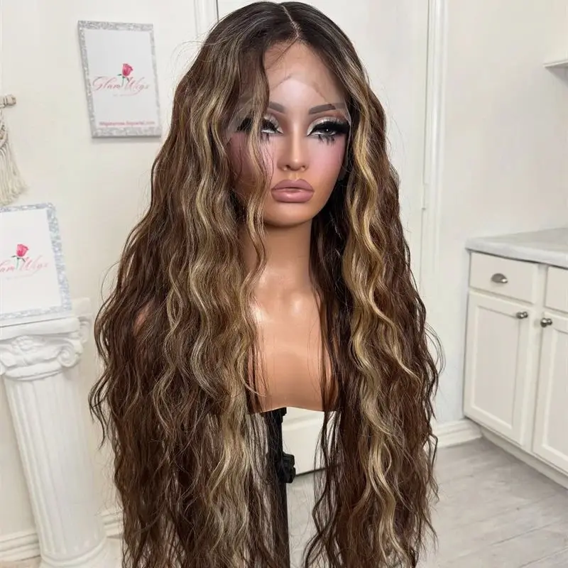 

Ombre Blonde Brown Synthetic HD Lace Front Wig Super Long Water Wave Wig Natural Preplucked Hairline with Baby Hair For Women