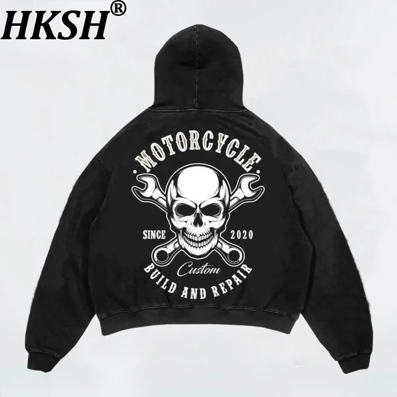

HKSH Heavy American Retro Skull Print Hoodie Men Dark Rock Motorcycle Thick Loose Cotton Trend Brand Chic Ins Sweatshirt HK18813