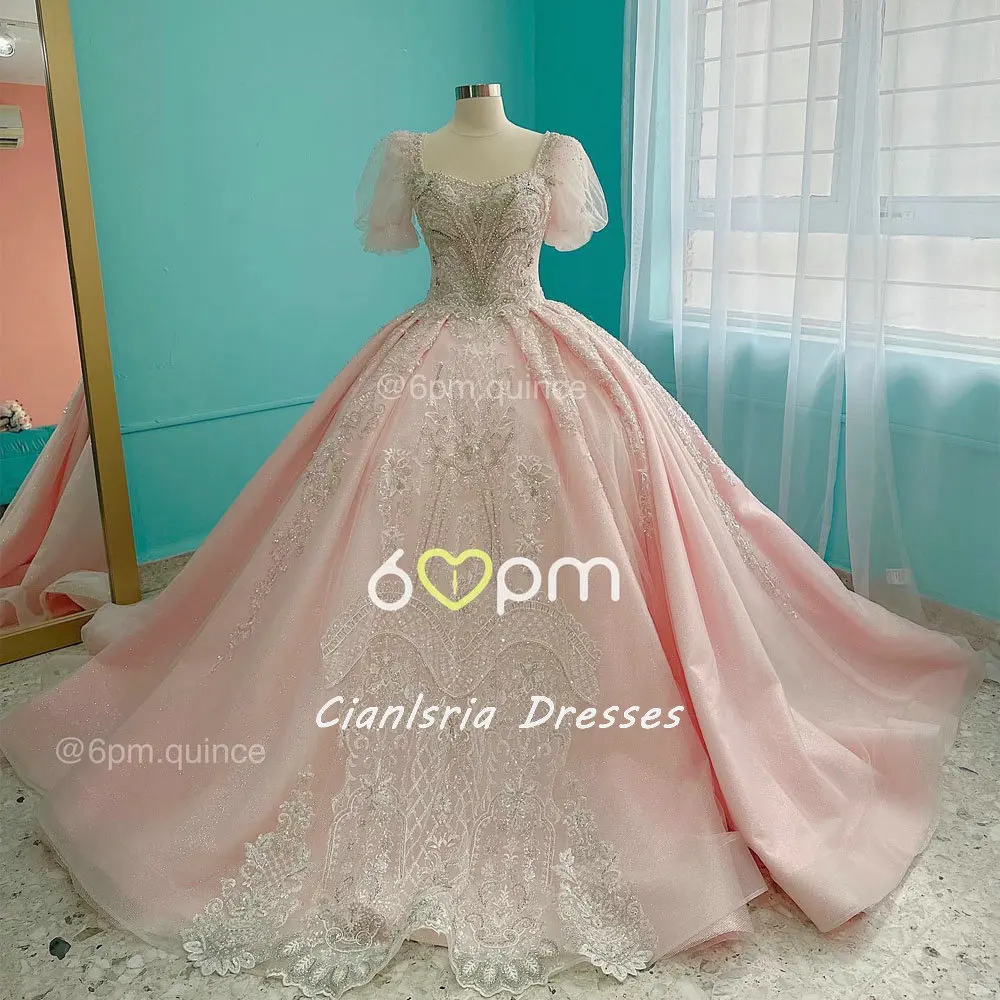 Vestido De quinceañera rosa con cuentas De cristal, manga corta, apliques De lentejuelas, corsé De encaje, Vestidos De XV Años