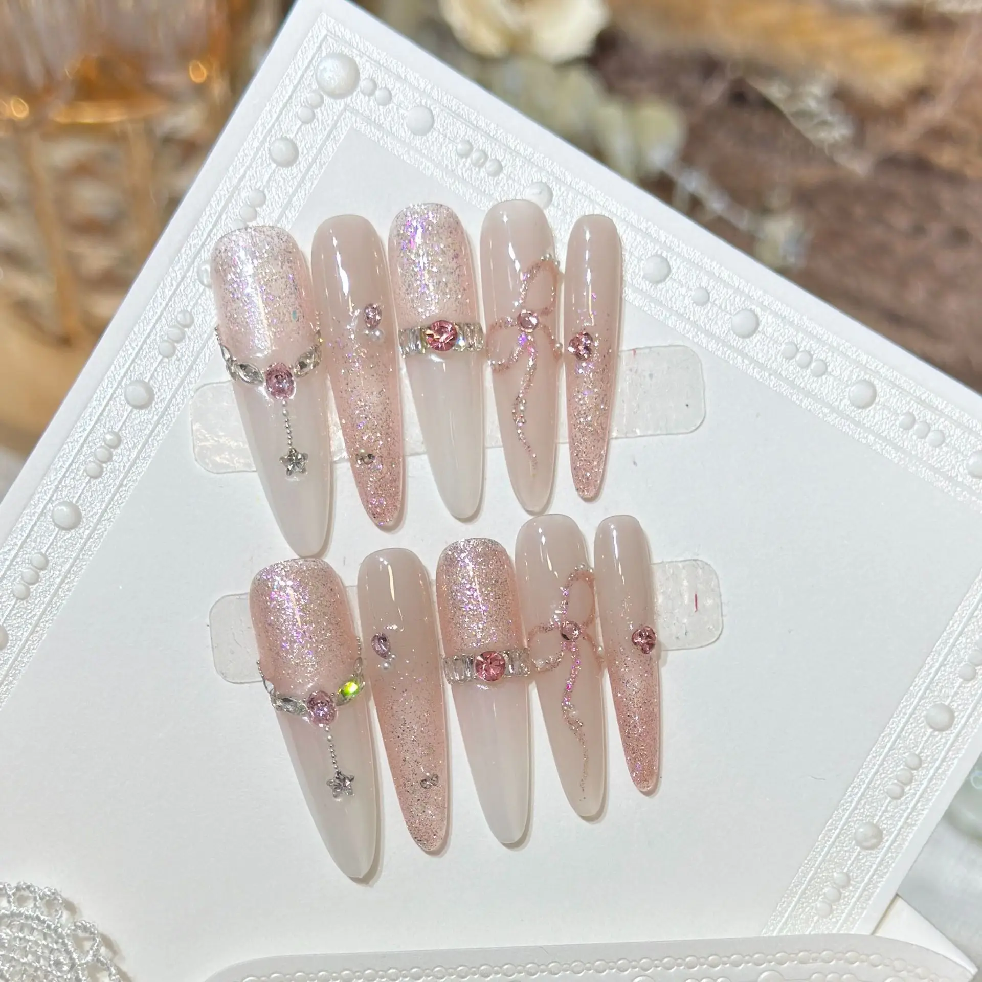 10pcs Handmade Long Stiletto Press On Nails Cat Eye Sparkling Pink Bow Rhinestone Design Sweet Fake Nails Wearable Nails Art Tip