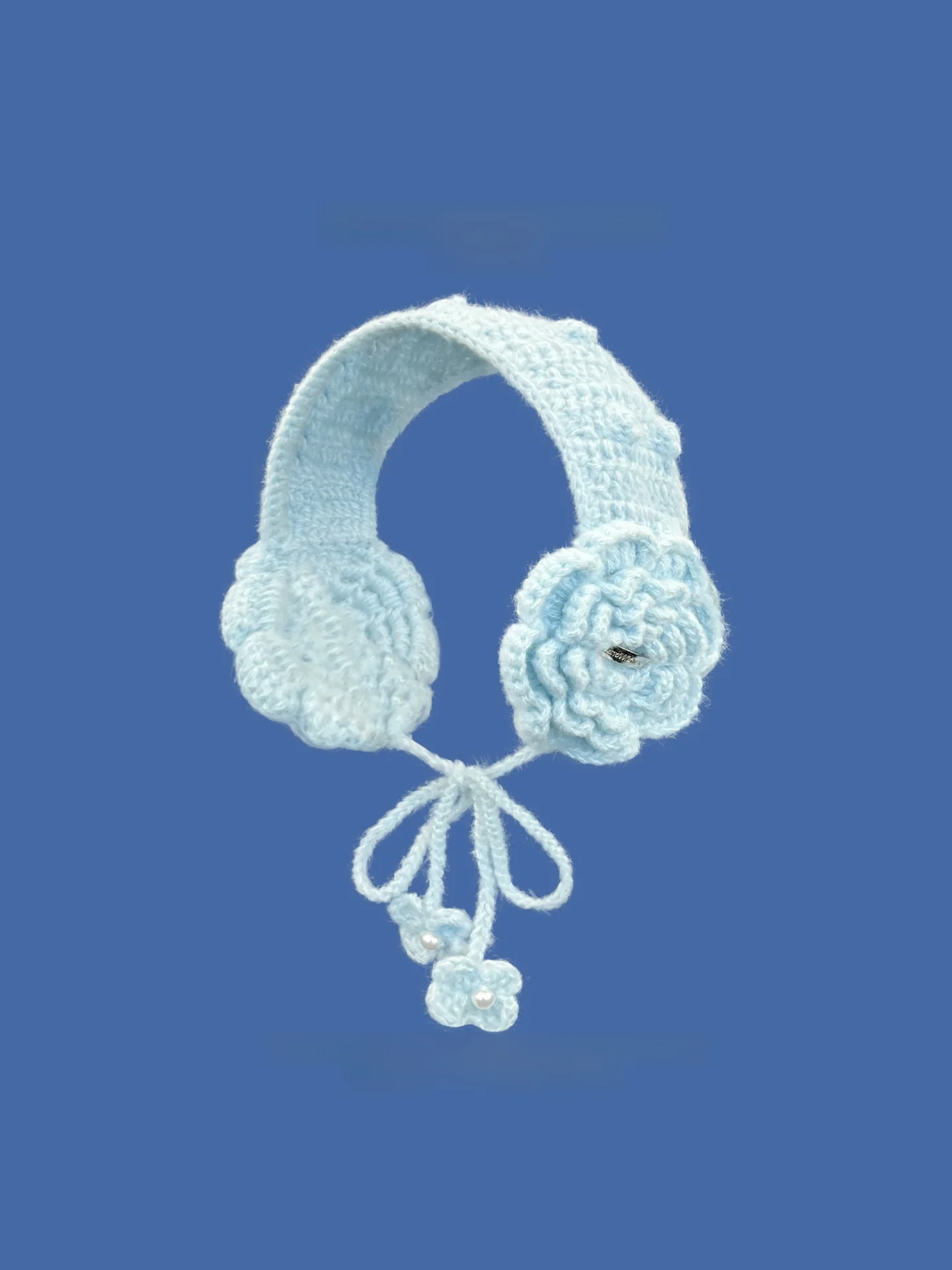 手作りニットフラワーイヤーウォーマー-女性用-ブルーニット耳カバー-ネクタイ付き-秋冬用暖かいイヤーウォーマー-ファッションアクセサリー