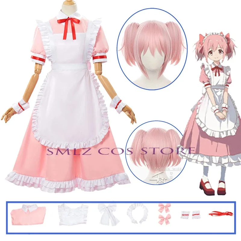 

Anime Magical Girl Kaname Madoka Cosplay Costume Kaname Cute Maid Pink Dress Wig Suit Party Play Role New Outfit for Woman