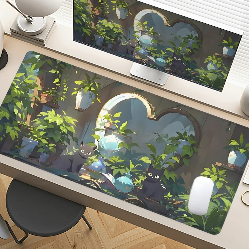 Black Cat Mouse Pad Cartoon Design Large Desk Accessories Desk Pad Rubber Base with Stitched Edge Mousepad Non-Slip Deskpad