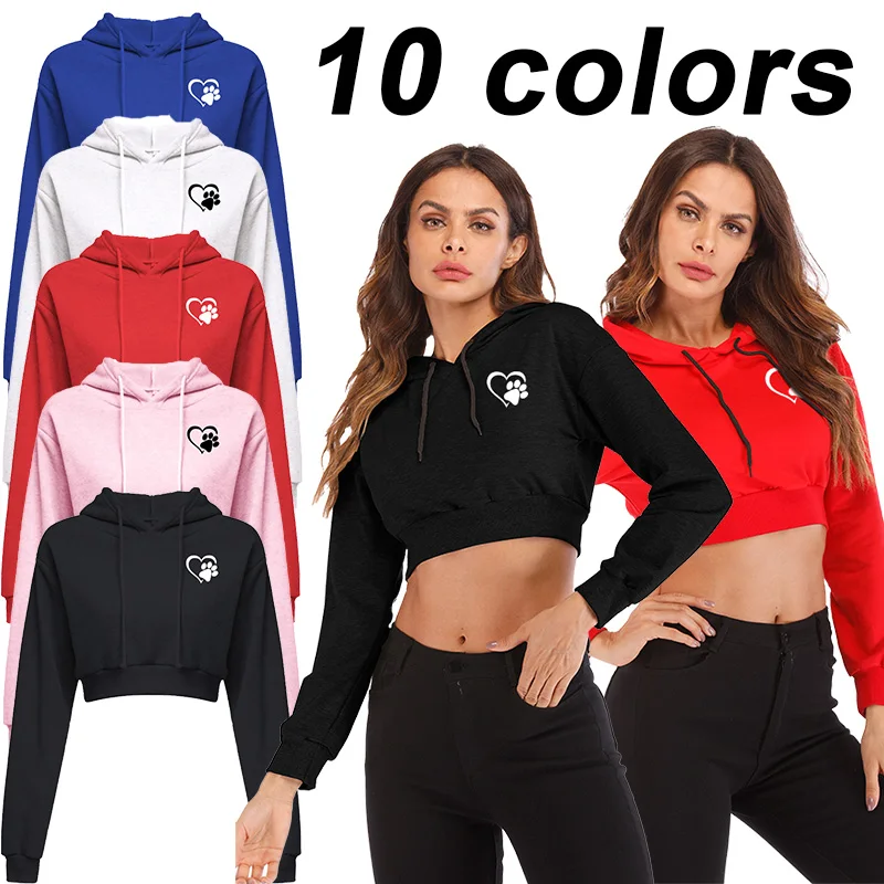 Women\'s Sexy Casual Cotton Flat Needle Long Sleeve Hoodie Short Sweatshirt Pullover Hooded Sweatshirt Short Sports Hoodie