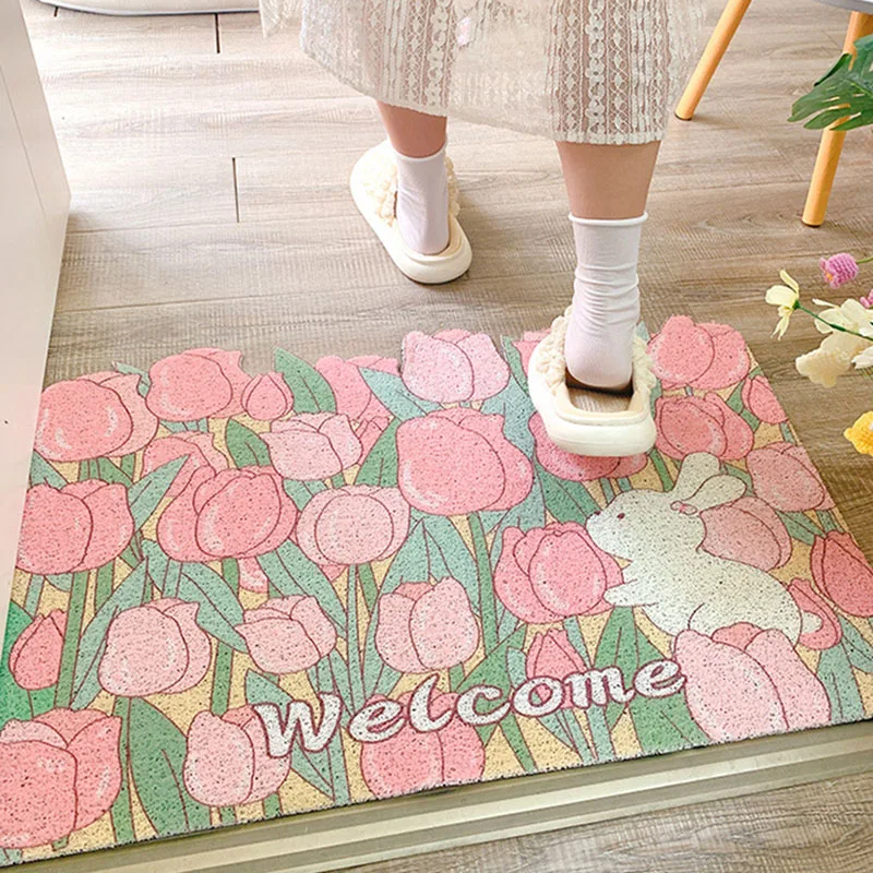 Welcome Rabbit Entrance Doormat Anti-slip PVC Floor Mats Croppable Entry Porch Hallway Entryway Home Decor Dust Removal Carpet