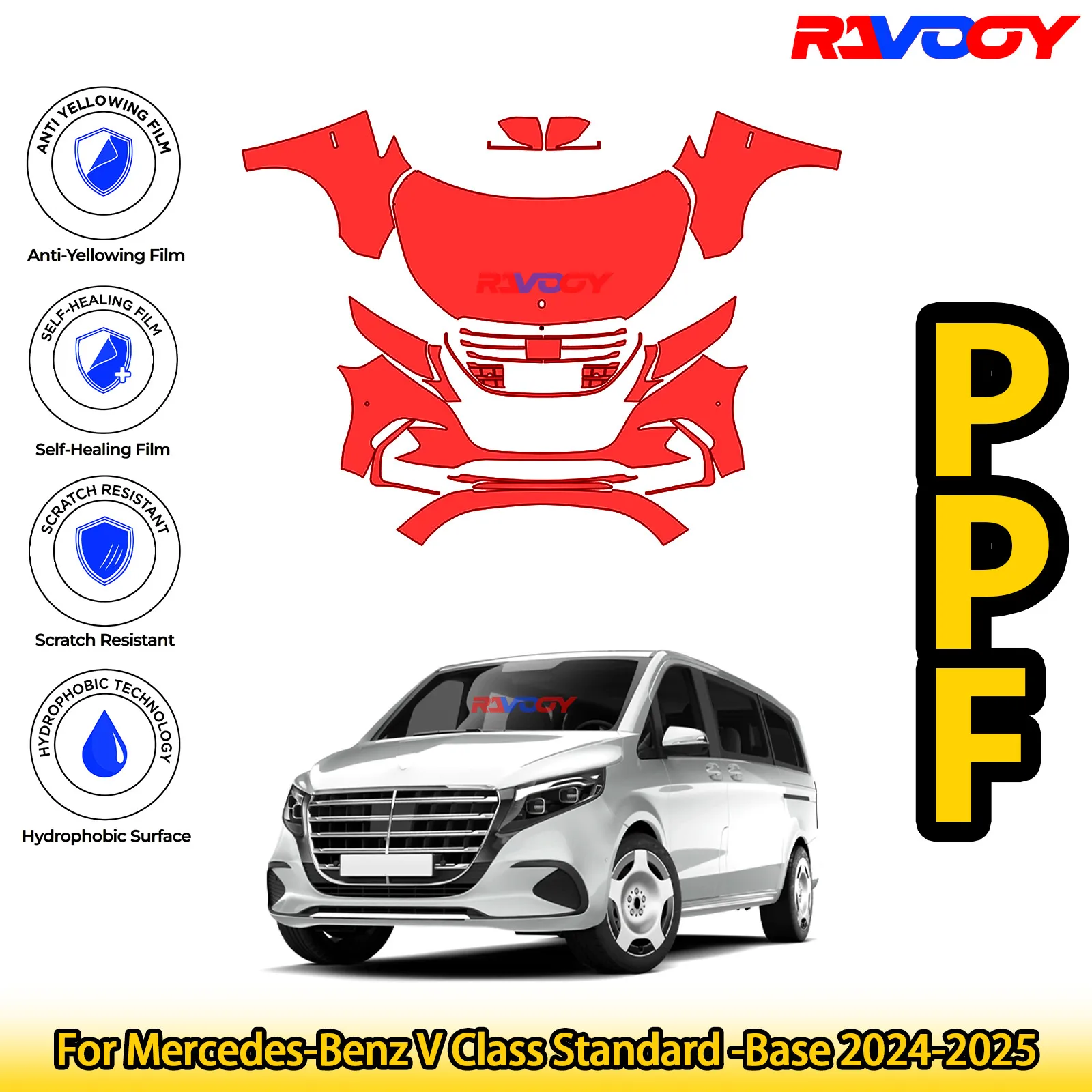 

For Mercedes-Benz V Class Standard -Base 2024-2025 Glossy Matte Black Precut front PPF Kit Paint Protection Film
