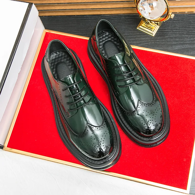 Patent Leather Oxford Dress Green Fashion Man Business Handmade Wedding Man Shoe Designer Formal Brock Original Leather Shoes