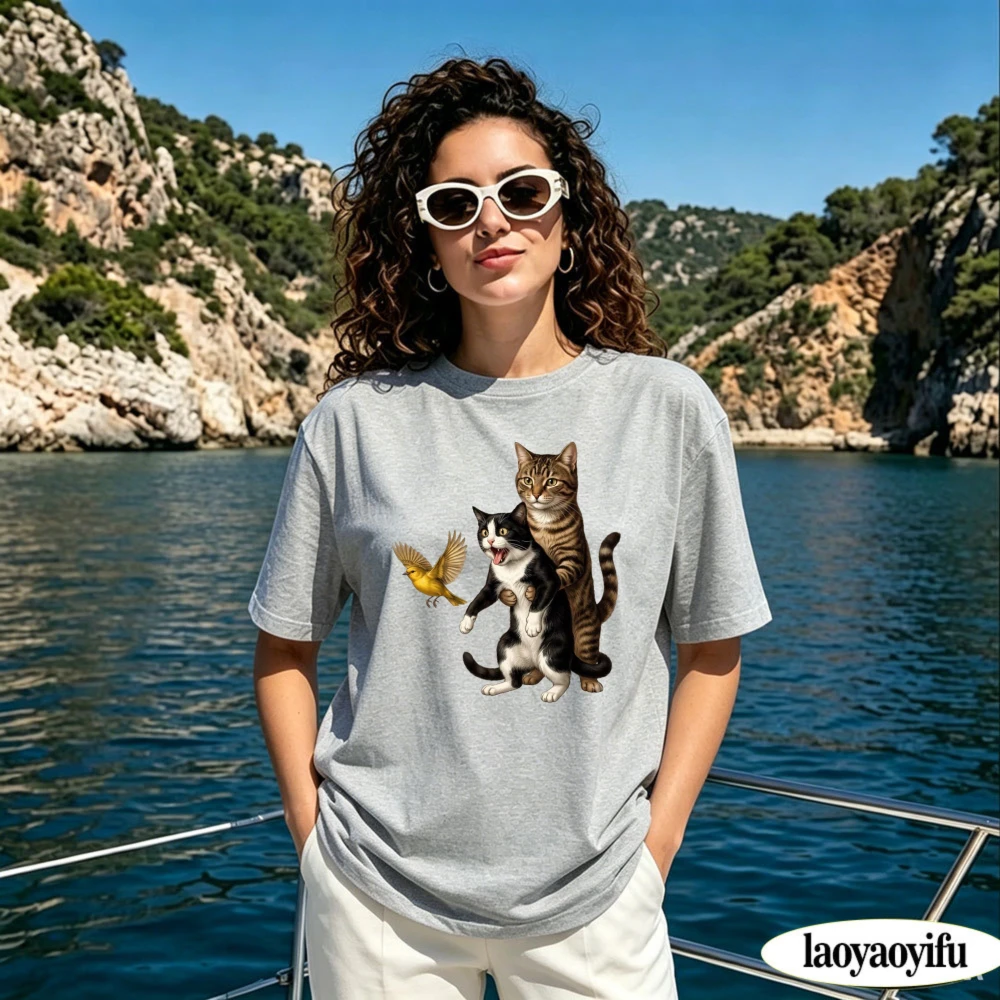 Camiseta divertida con gráfico de gatos apilados y pájaros canarios, camiseta con estampado de animales, de algodón suave, para amantes de los gatos, camisetas divertidas con humor para mujer