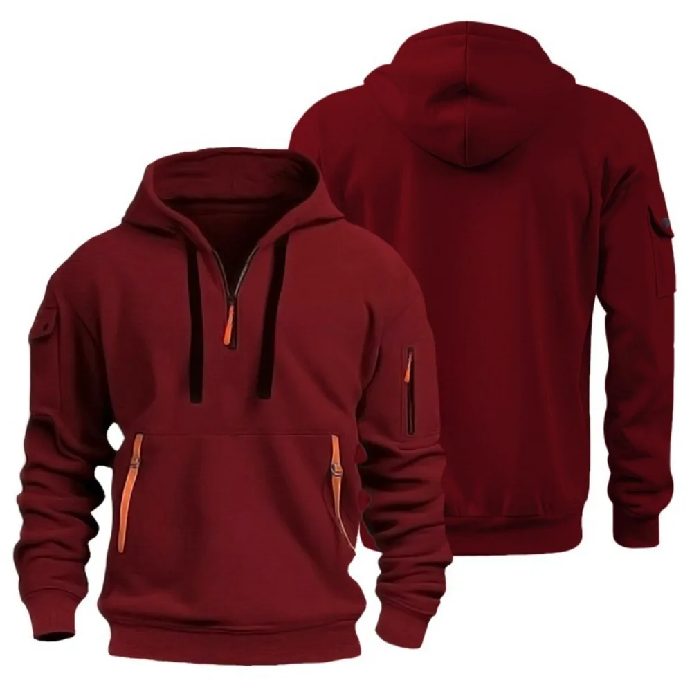 

New Winter Men Fleece Hooded Zip Up Sweatshirt Fashion Casual Multi Pocket Pullover