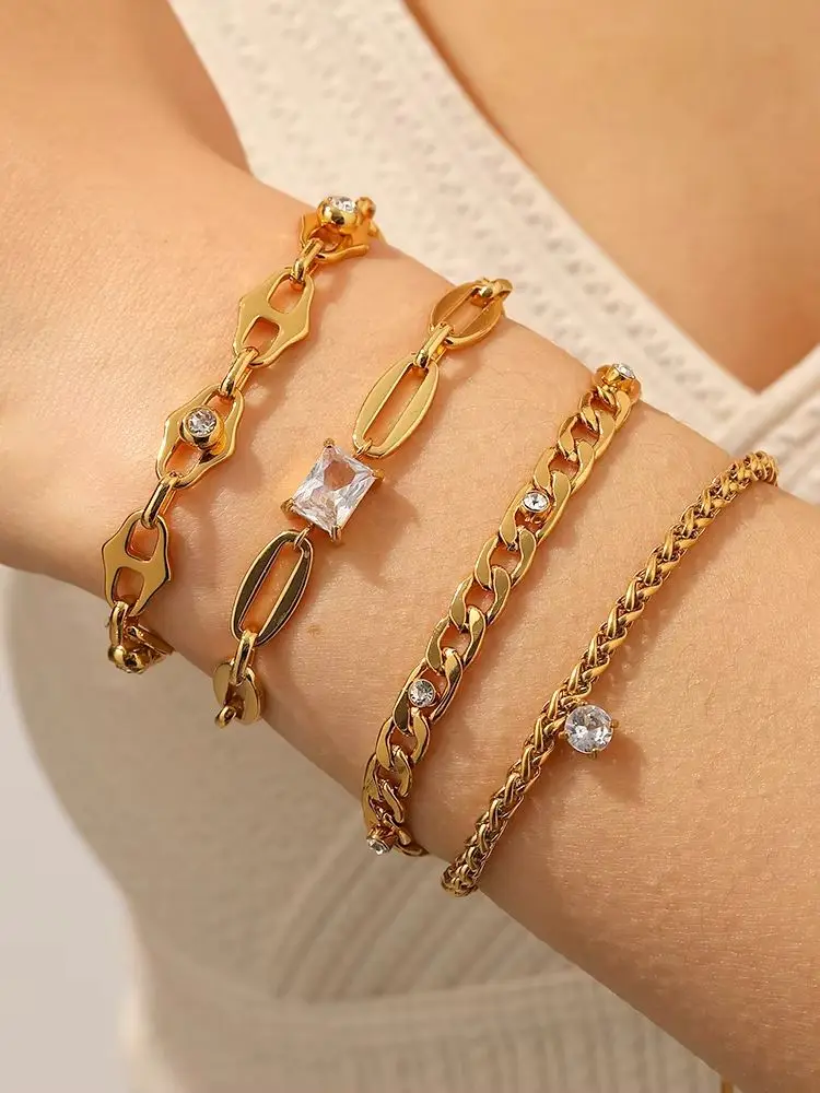 Modisches Design Edelstahl-Armband mit Weißem Zirkon-Besatz, 18K Goldfarben Beschichtet, Wasserdichter Schmuck als Geschenk – Detail 2