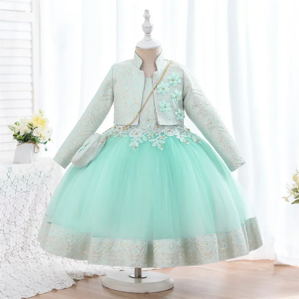 3pcs/set Puffy Dress for Girls Jacquard Pattern Tulle Patchwork Children Clothing 3D Appliques Casual Birthday Dresses