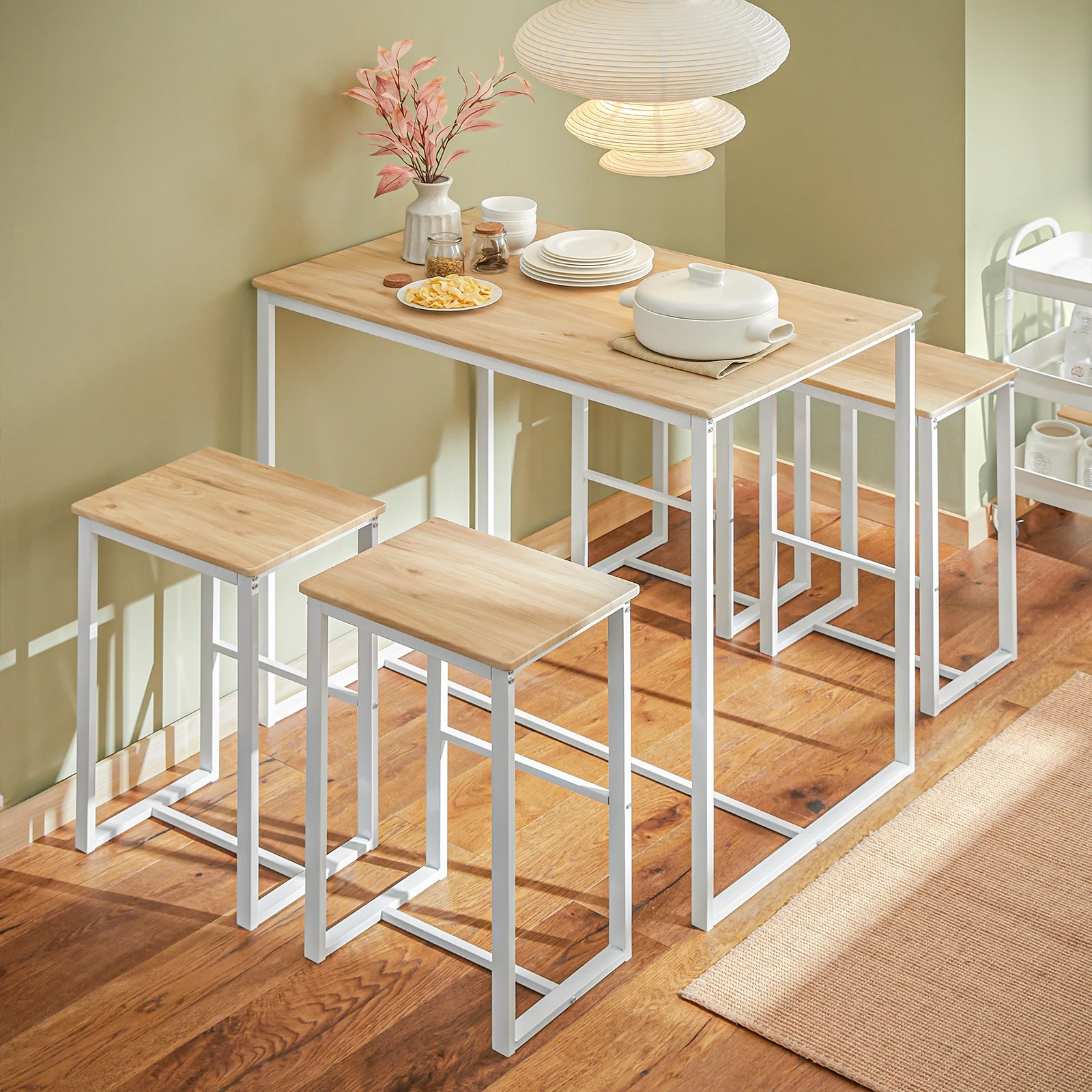 SoBuy OGT15-WN Mesa de bar de 5 piezas con sillas mesa de comedor mesa de pie mesa de bistró con 4 taburetes de bar grupo de asientos Blanco-naturaleza