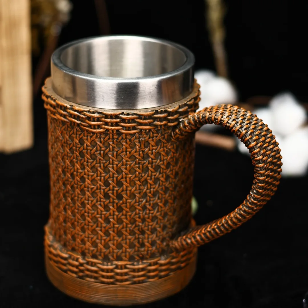 

Vintage Chinese Style Rattan Bamboo Woven Beer Mug Imitation Handmade Resin Stainless Steel Beer Cup Water Cup Gift