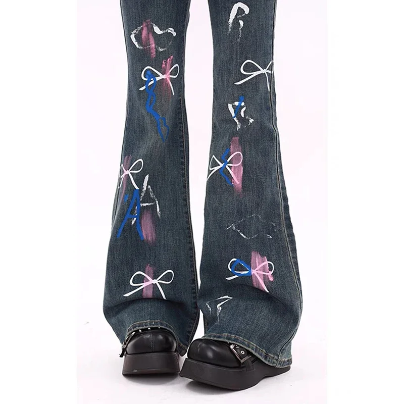 Vintage Bow Graffiti Pattern Flare Pants Women High Waist Skinny American Retro High Street Denim Pants Straight Trousers