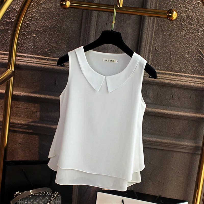 Simple Women French Peter Pan Collar Sleeveless Camis Elelgant All Match Chiffon Summer Thin Clothes High Street Tanks