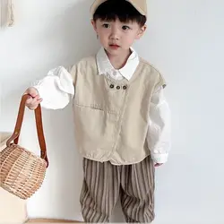 Spring Fall 2026 Toddler Boys 3PCS Clothes Set Cotton WhiteTops Shirts +Waistcoat+ Striped Loose Pants Suit Kids Boys Outfits