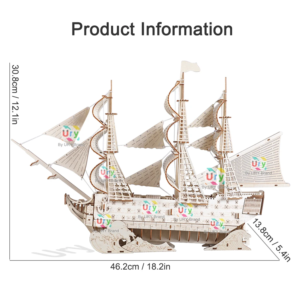 URY DIY 3D Wooden Puzzle Retro Sailboat Carrack Ship Model Kit Toys Handmade Set Home Desktop Decoration Christmas Gift for Kids