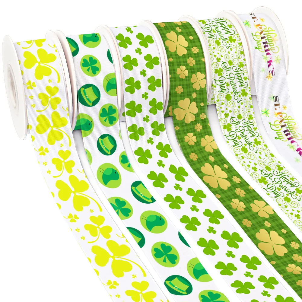 Clover Green St. Patrick's Day Pattern Grosgrain Ribbon Satin Ribbon for Cheer Bows Girl Hair Bows Cartoon DIY Craft Supplies