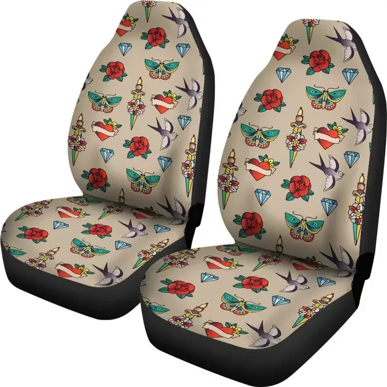 Traditional Tattoo Old School Vintage Style Pattern on Tan Car Seat Covers Set Universal Fit Matching Pair For Cars and SUVs