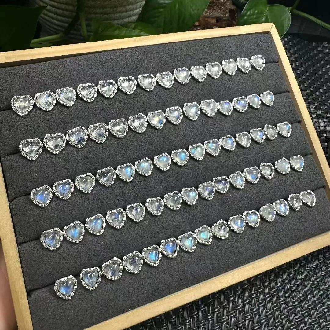 1 Pair Fengbaowu Natural Blue Moonstone Heart Earring 925 Sterling Silver Reiki Healing Stone Fashion Jewelry Gift For Women