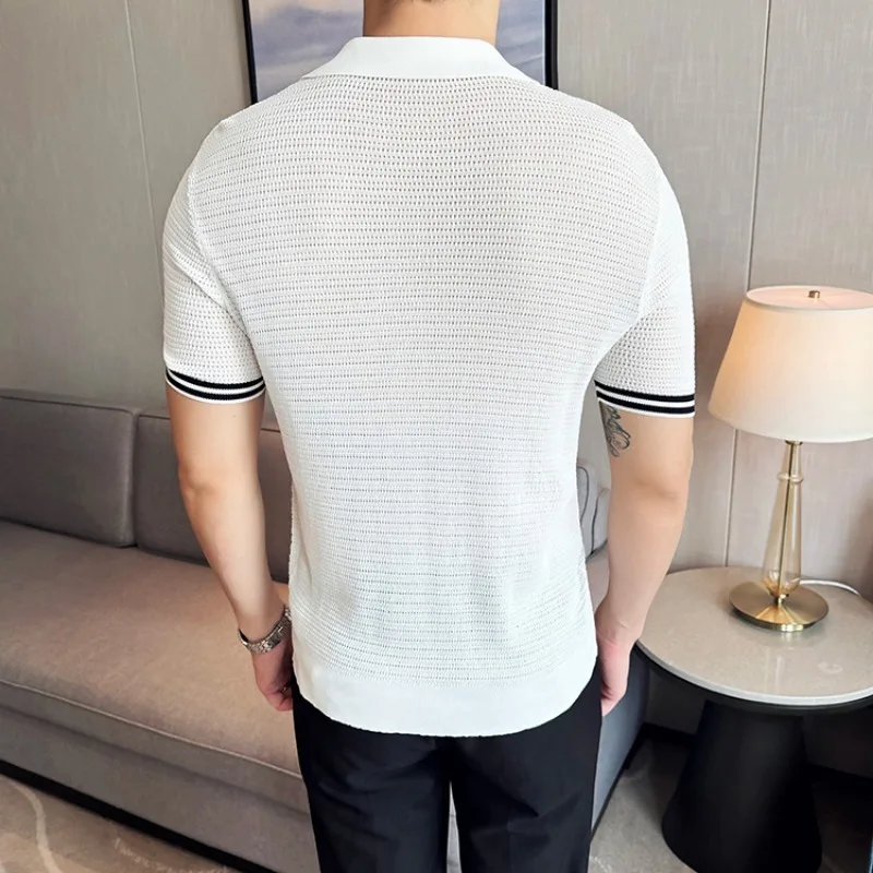 Summer Thin Ice Silk Polo Shirts Men Fashion V-neck Casual Knitted T-shirts Business Lapel Tee Social Office Streetwear Polo image 4