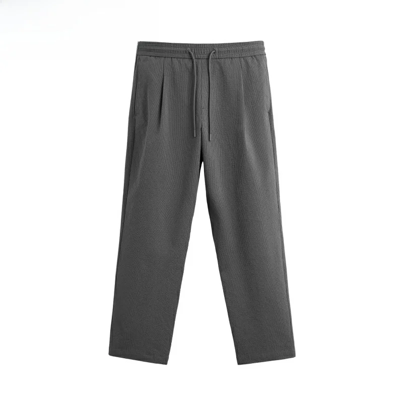 

New Summer Men's Loose Long Pants Elastic Waist Bubble Cloth Commute Pleated Pants Straight Leg Casual Trousers