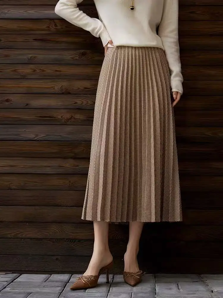 

Новая элегантная плиссированная юбка в сетку «Тысяча птиц», женская темпераментная универсальная юбка-миди с высокой талией в стиле ретро, повседневная офисная женская юбка