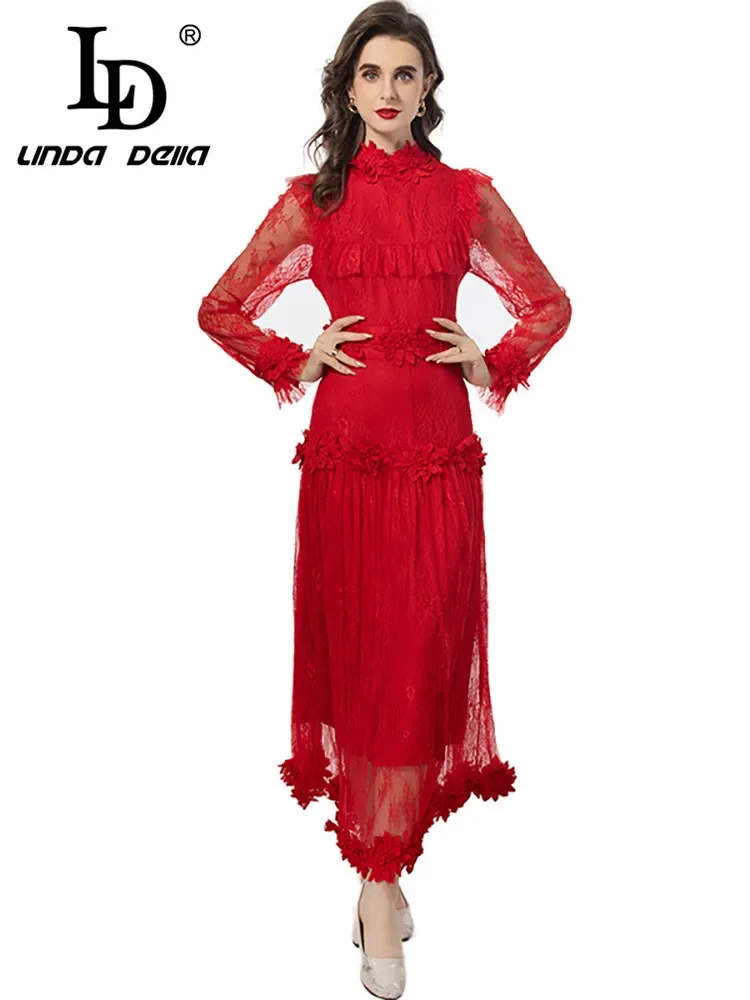 

LD LINDA DELLA 2024 Summer Fashion Dress Women Vintage Solid Color Flowers Appliques Lace Net Yarn Embroidery Temperament Dresse