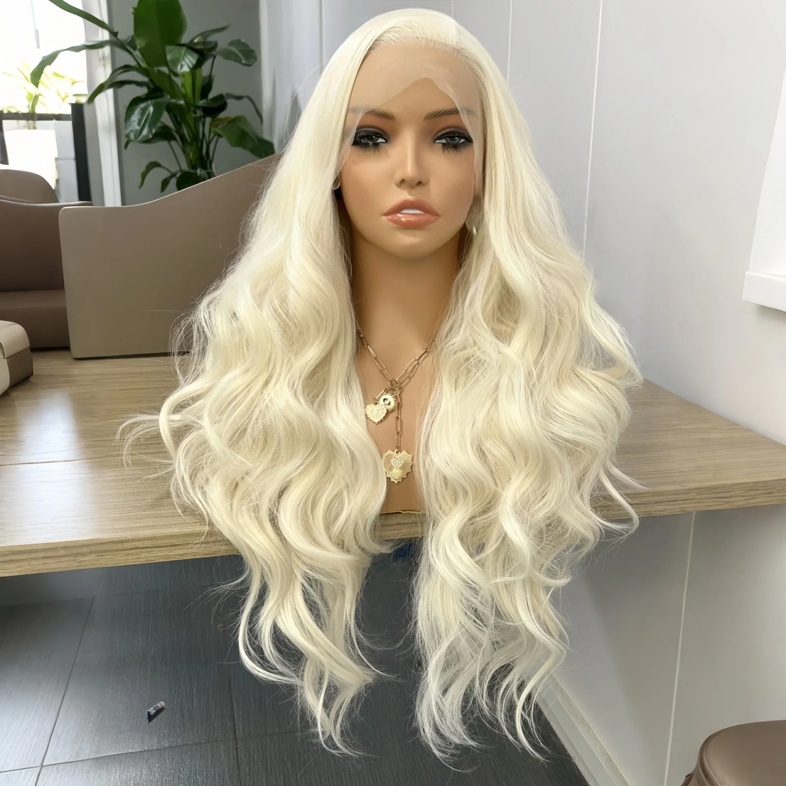 Platinum Blonde Body Wave Synthetic Wig Free Part 60 White Blonde Long Curly Wavy Loose Deep Wave 13X4 Lace Front Party Cosplay