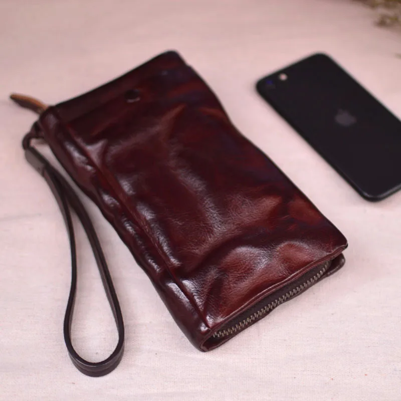 

AETOO винтажный дневной винтажный кожаный кошелек на молнии, мужской длинный кошелек нишевого дизайна, женская ручная сумка для мобильного телефона из воловьей кожи