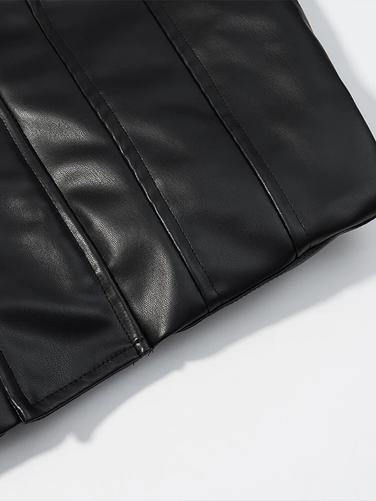 سترة جلدية قصيرة عصرية ومتعددة الاستخدامات على الطراز الأوروبي للسيدات بلون سادة وياقة واقفة.