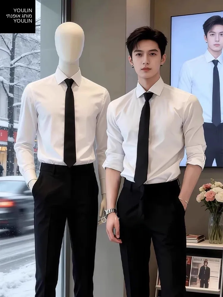 Casual Style Men's Long Sleeve Fleece Lined Shirt Slim Fit Business Casual Outerwear Waist Cinched Suit Inner Wear White