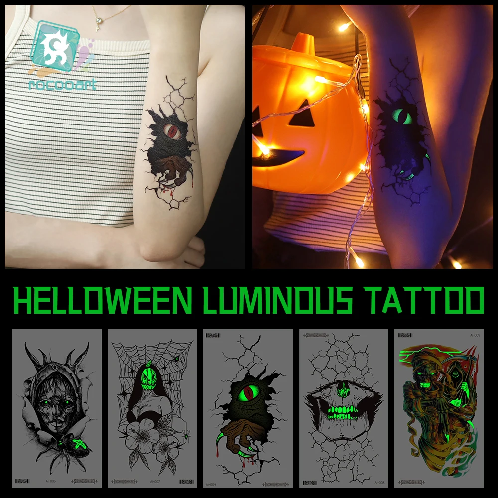 Pegatina de tatuaje luminoso para Halloween, tatuaje temporal impermeable, Cráneo, Eeyeball, fantasma, Araña, tótem cruzado, tatuaje falso