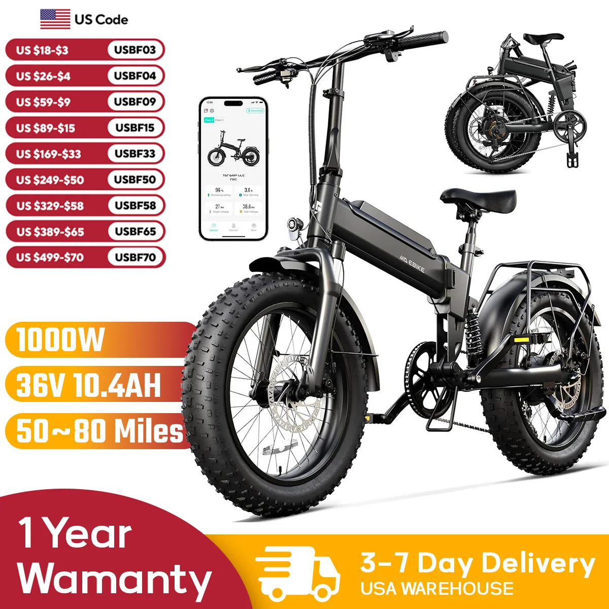 

TST F00C Folding Electric Bike, 1000W motor, 36V 10.4Ah removable battery, 50 miles range, 25 MPH, 20" fat tires,rear rack.