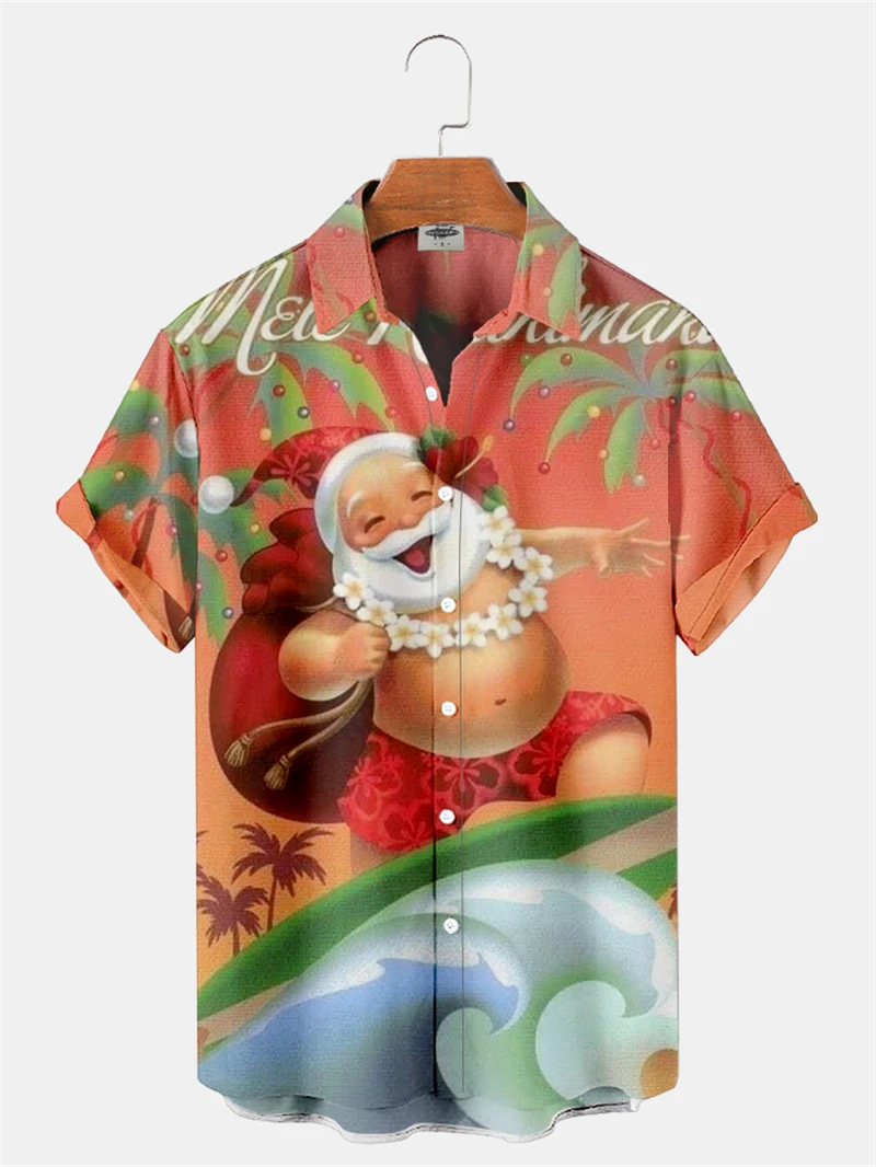 Homens e mulheres Feliz Natal 3D Gráfica Camisas, Engraçado Estampado Papai Noel, Camisa Casual, Moda Havaiana, Bonita Blusa de Praia, Lapela Tops