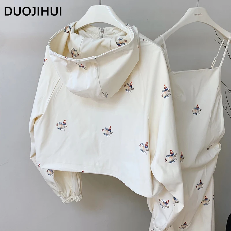 DUOJIHUI Two Piece Chic Printing Loose Female Dresses Classic Hooded Drawstring Tops Casual Simple Fashion Camisole Women Dress