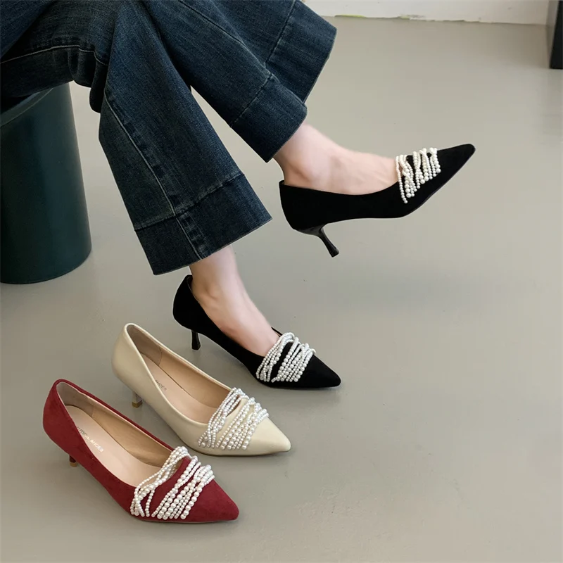 

2025 New Pointed High Heels Women's French Gold Velvet Beaded Wedding Shoes Wine Red Retro Stiletto Banquet Pumps Zapatos Mujer