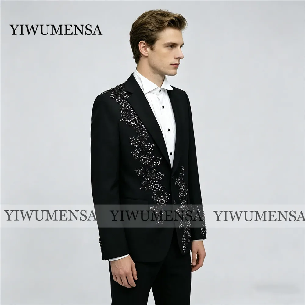 Exclusive Suits Men Diamond Beaded Jacket Pants 2 Piece Sets Single Breasted Jacket Pants Plus Size Groom Wedding Tuxedo Outfit