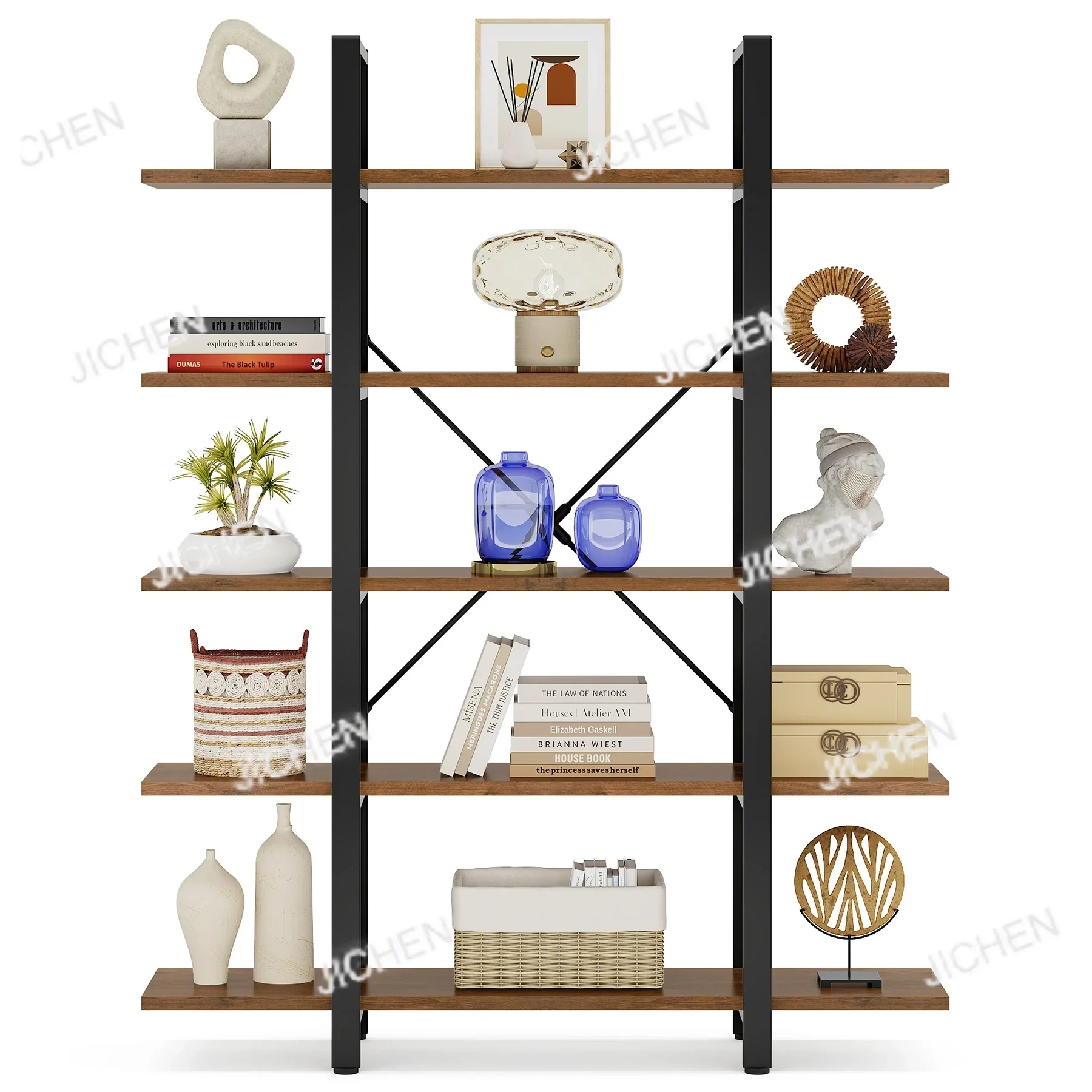 رف كتب JC مكون من 5 طبقات، خزانة كتب على الطراز الصناعي العتيق 72 ارتفاع × 12 عرض × 47 لتر بوصة، بني قديم #5