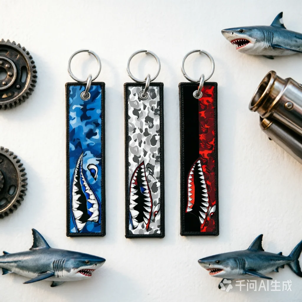 Image of TRENDY SHARK Gewebter Schlüsselanhänger für Auto, Flugzeug und Motorrad, Jet-Tag mit Stickerei, Anhänger