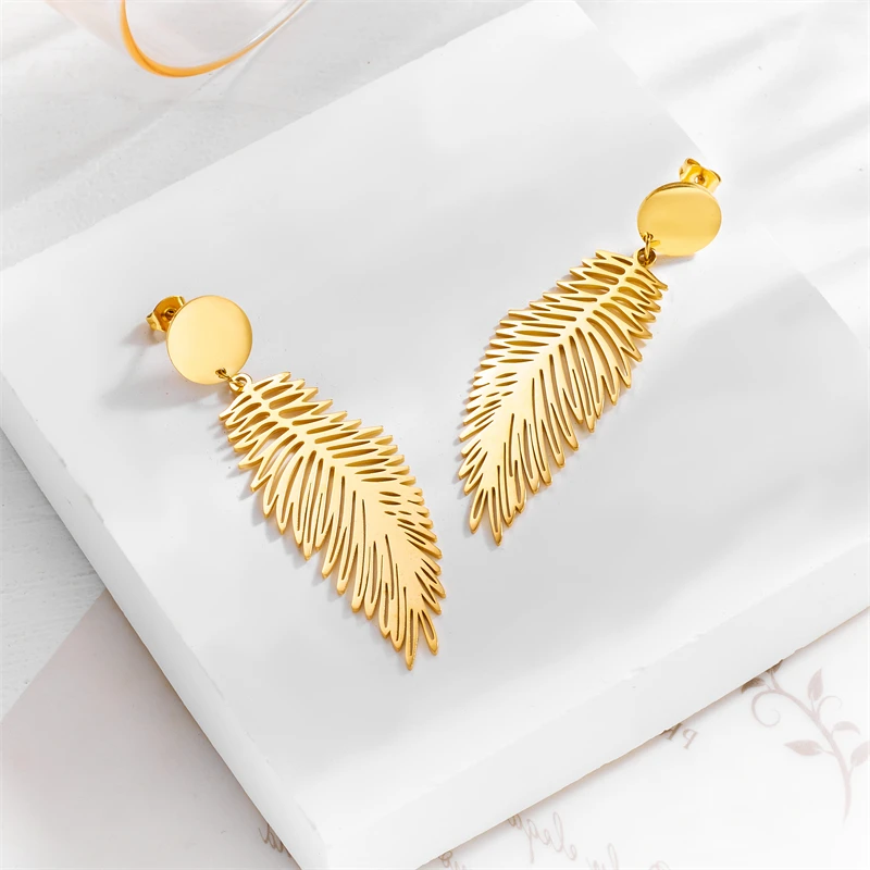 XIYANIKE 316L Stainless Steel Golden Earrings Feather Pendant New Arrival Accessories for Women Temperament Jewelry Gift Серьги
