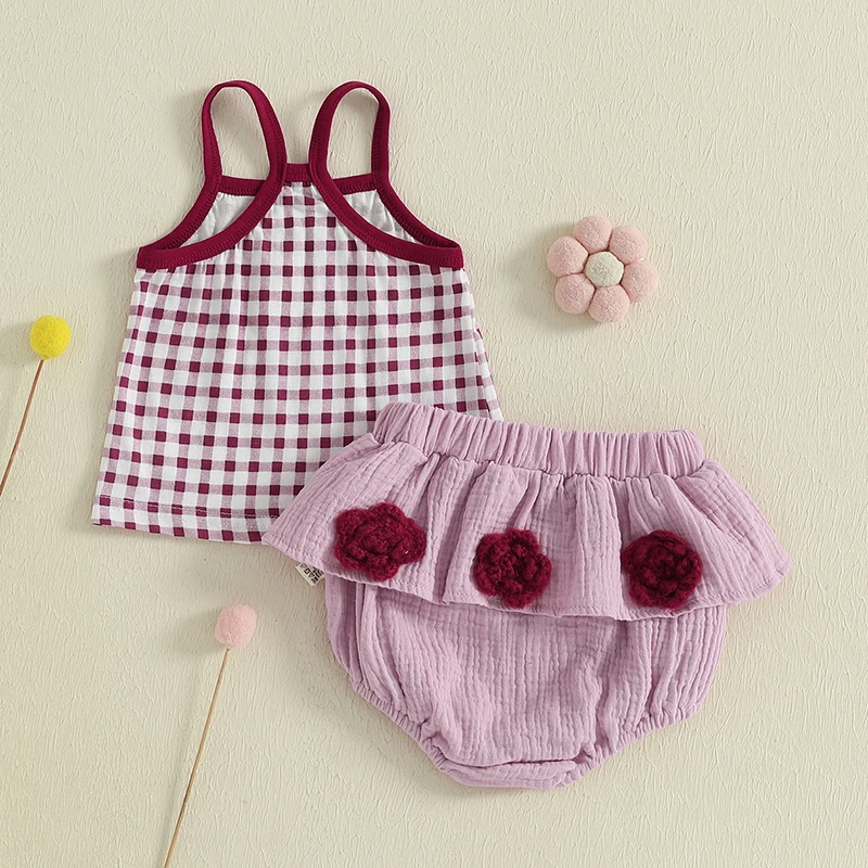 Toddler Girls Sleeveless Floral Print Top and Ruffle Shorts Set Summer Outfit with Plaid Camisole and Layered Bottoms