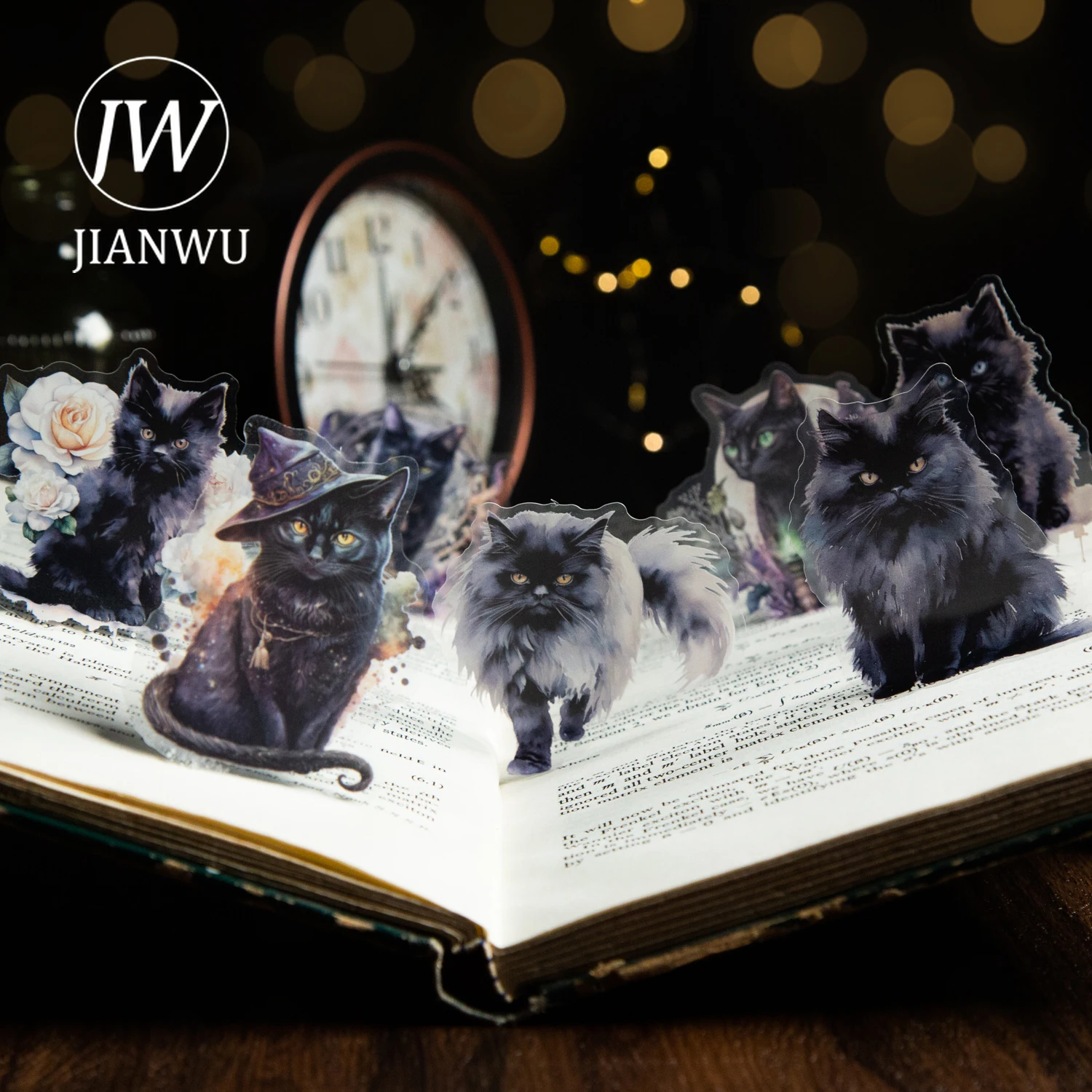 JIANWU 20 Sheets Hellia's Cat Series Vintage Black Cat Theme Material Decor PET Sticker Creative DIY Journal Collage Stationery