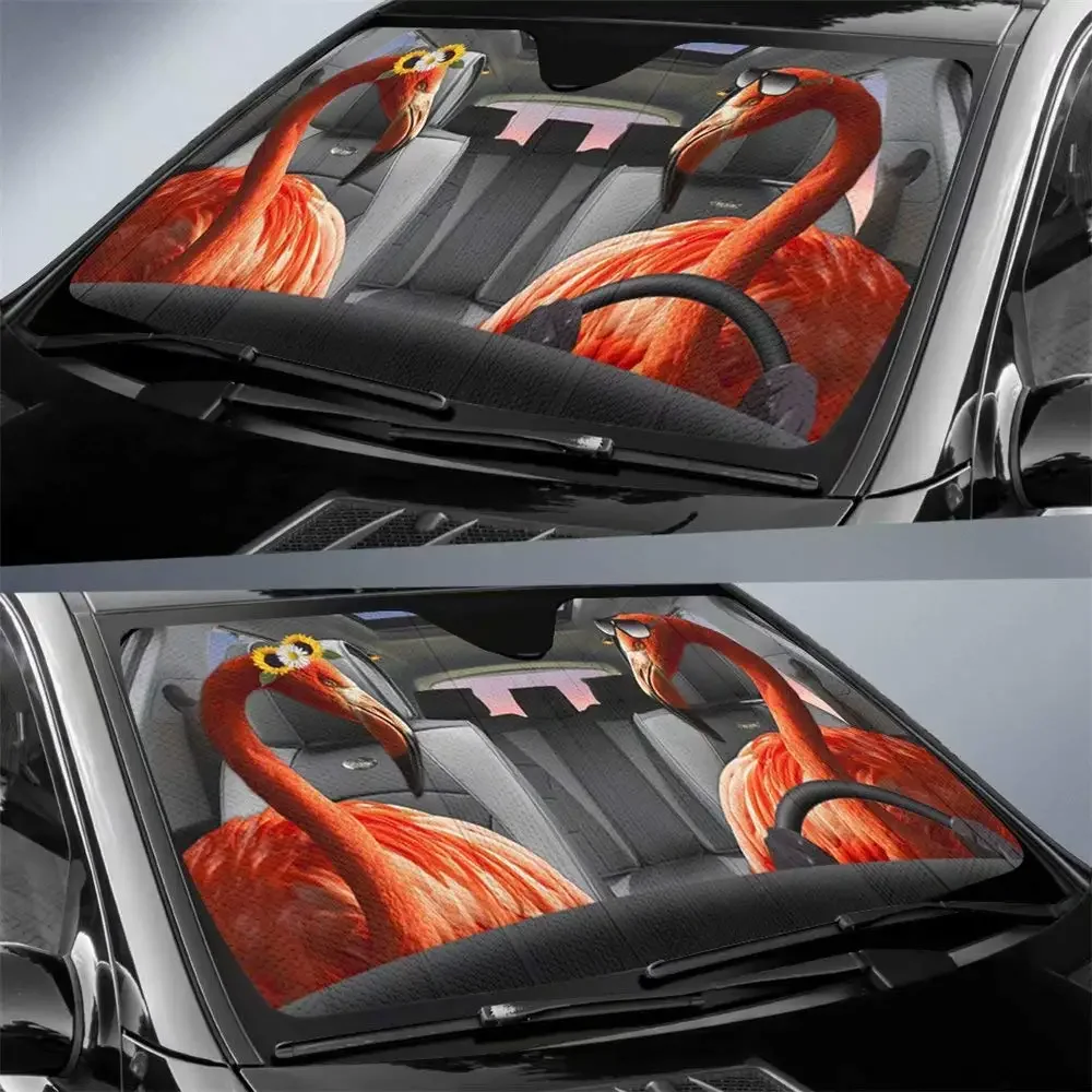 Car Windshield Viisor Pink Flamingo Sun Shade, Dog Family Driver Auto Front Window Sunshade 3D Printed Animal Car Automotive Cov