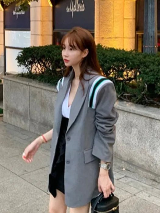 Sli Koreaanse Sle Dames Jaet Herfst Winter Faionable Ele Boyfriend Sle Suit Top Woon-werkverkeer