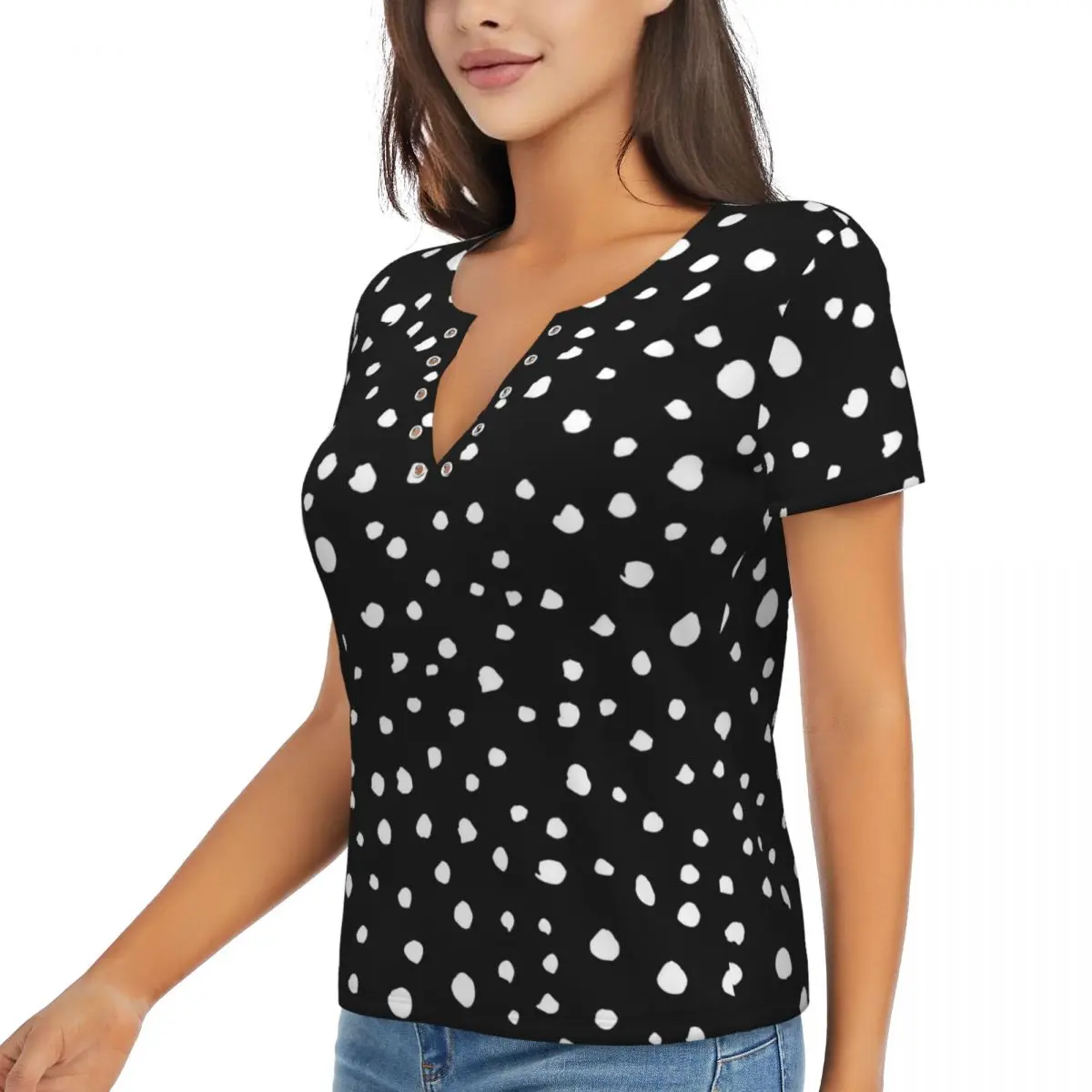 Dalmatian Spots Print T-Shirt White Polka Dots Elegant T-Shirts Sexy Deep V Neck Short-Sleeve Graphic Tshirt 2024 Ladies Tees image 2