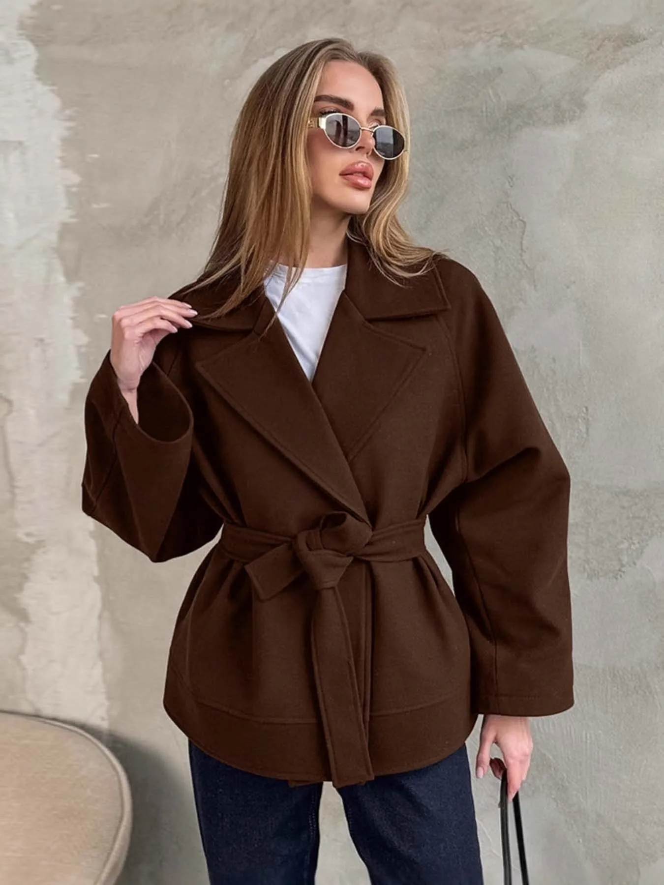 

New Vintage Brown Lace Up Jacket Elegant Female Lapel Long Sleeves Slim Coats Autumn Chic Lady High Street Outwear